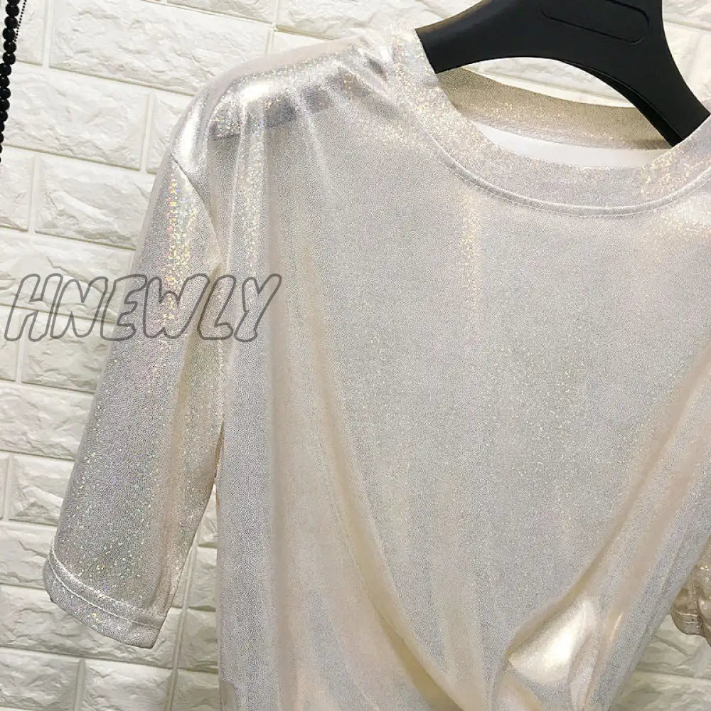 Hnewly New Summer Retro Style Stylish Bright Silk Woman Tops Shiny Loose Short Sleeve T-Shirt Sexy