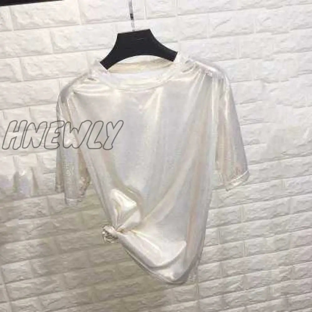 Hnewly New Summer Retro Style Stylish Bright Silk Woman Tops Shiny Loose Short Sleeve T-Shirt Sexy