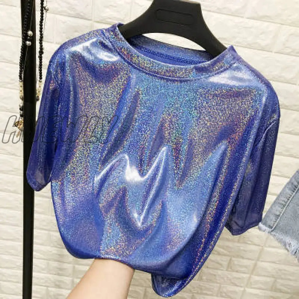 Hnewly New Summer Retro Style Stylish Bright Silk Woman Tops Shiny Loose Short Sleeve T-Shirt Sexy