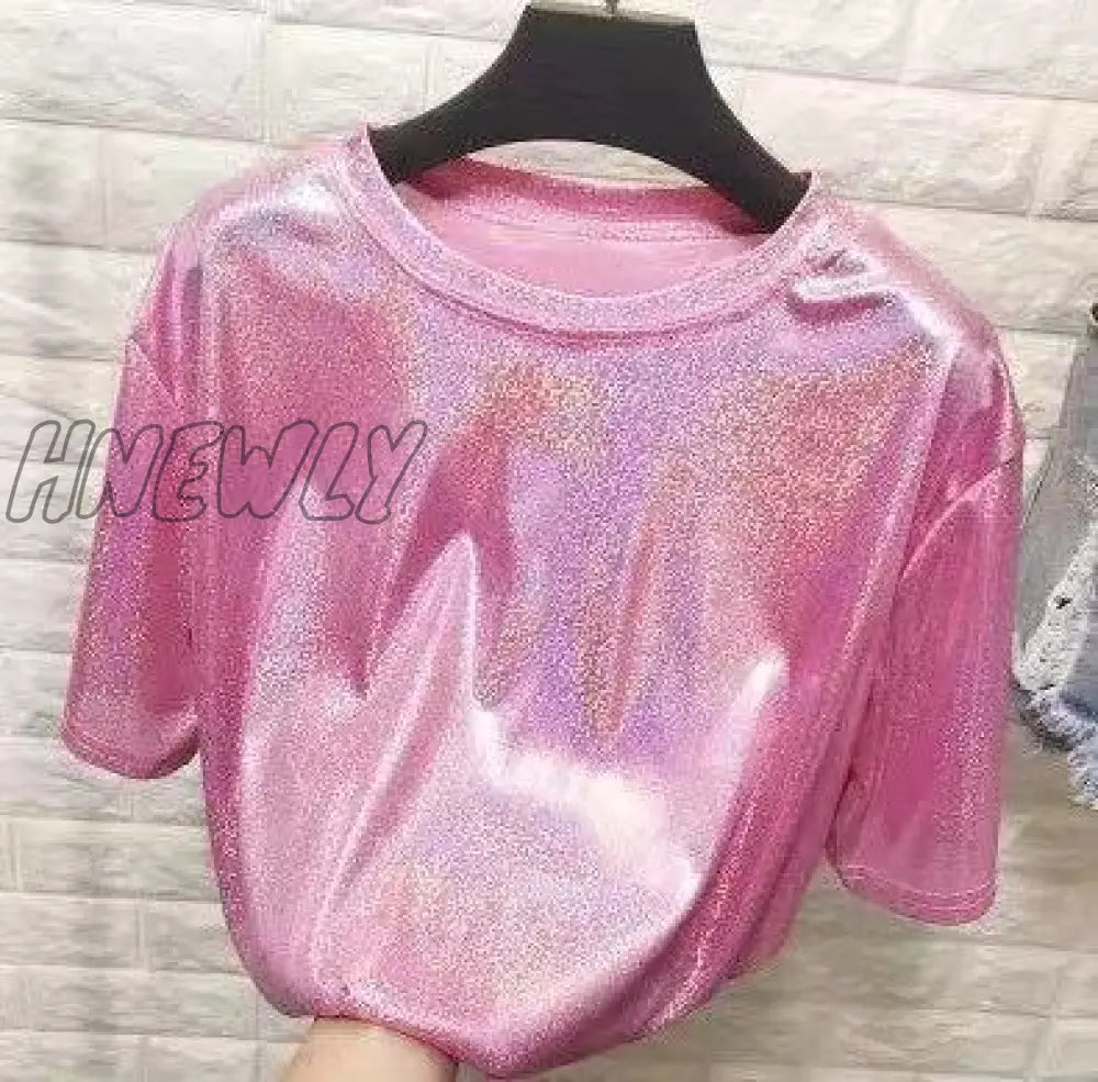 Hnewly New Summer Retro Style Stylish Bright Silk Woman Tops Shiny Loose Short Sleeve T-Shirt Sexy