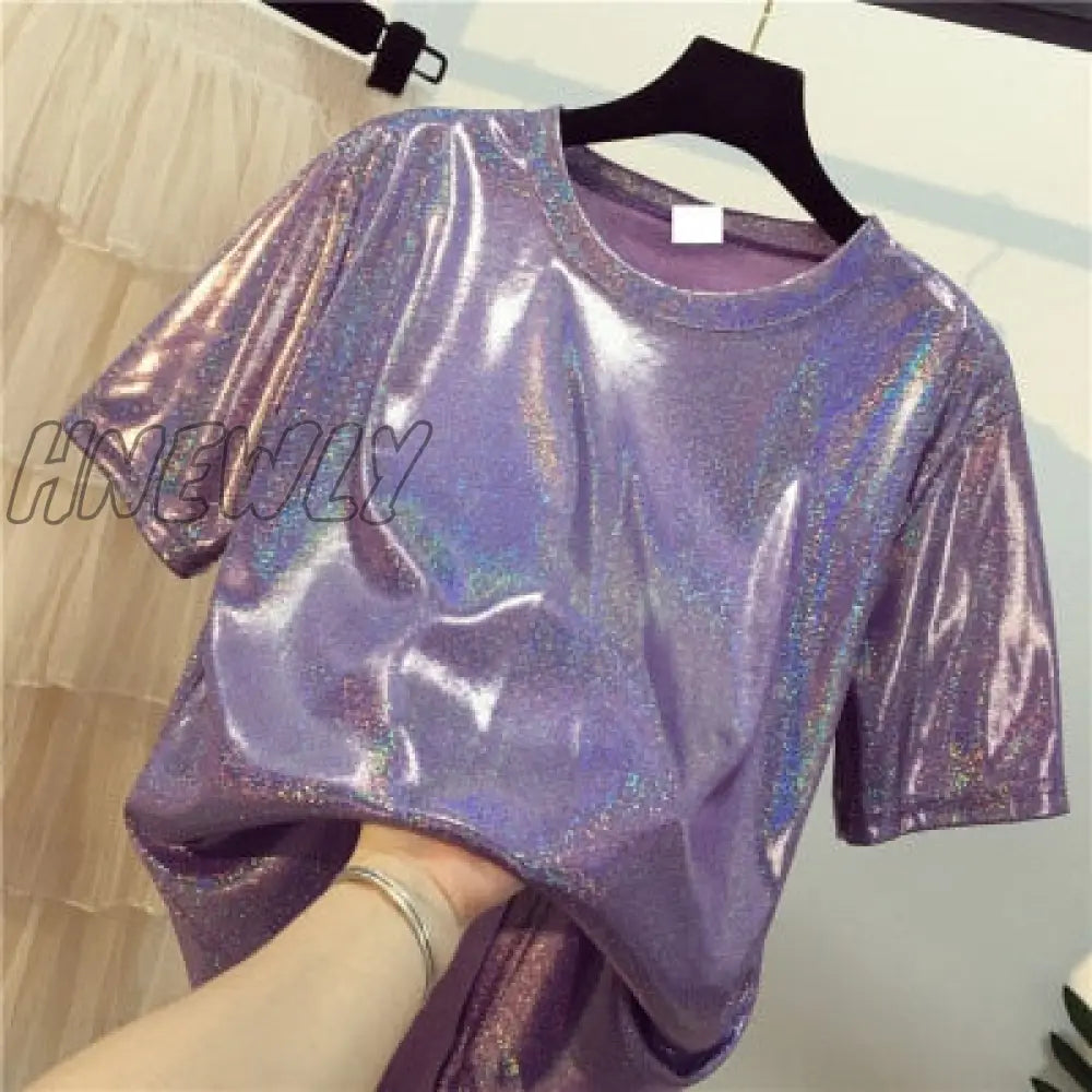 Hnewly New Summer Retro Style Stylish Bright Silk Woman Tops Shiny Loose Short Sleeve T-Shirt Sexy