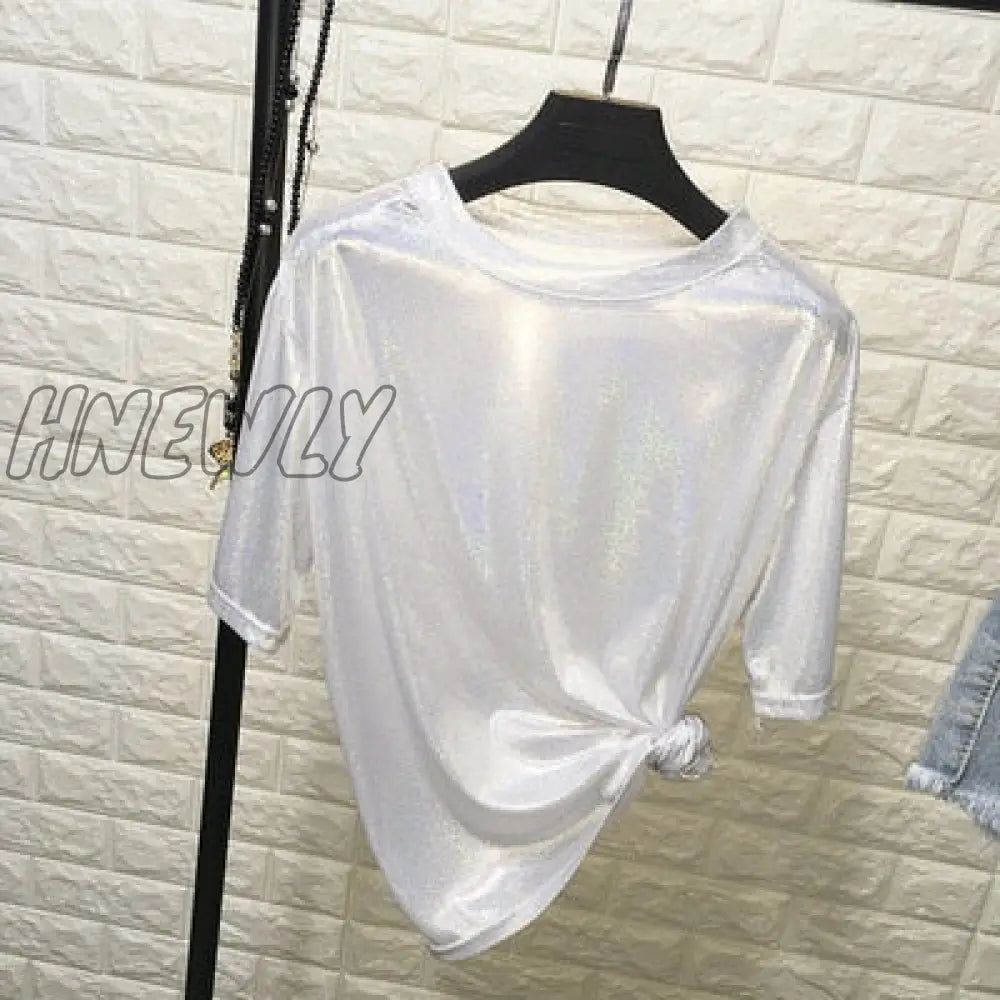 Hnewly New Summer Retro Style Stylish Bright Silk Woman Tops Shiny Loose Short Sleeve T-Shirt Sexy