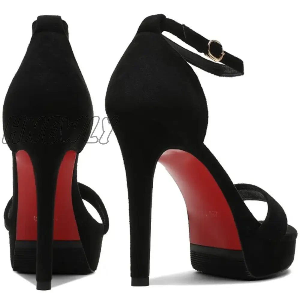 Hnewly New Summer Women 12Cm High Heels 2Cm Platform Suede Black Sandals Lady Stiletto Strappy