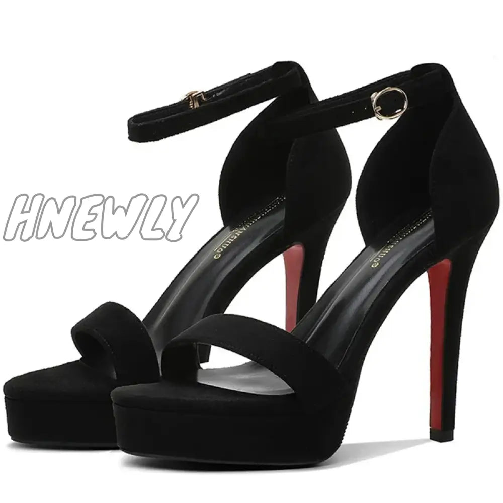 Hnewly New Summer Women 12Cm High Heels 2Cm Platform Suede Black Sandals Lady Stiletto Strappy