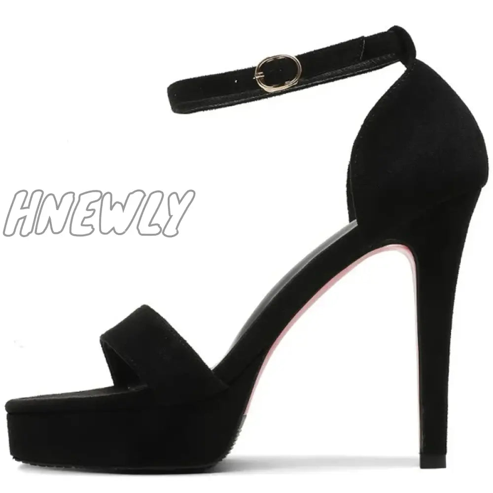 Hnewly New Summer Women 12Cm High Heels 2Cm Platform Suede Black Sandals Lady Stiletto Strappy