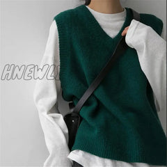 Hnewly New Vintage Retro Sleeveless Simple Design Femme Spring V-Neck Knitwear Basic Tops Sweater