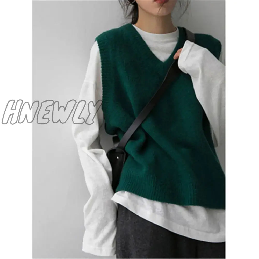 Hnewly New Vintage Retro Sleeveless Simple Design Femme Spring V-Neck Knitwear Basic Tops Sweater