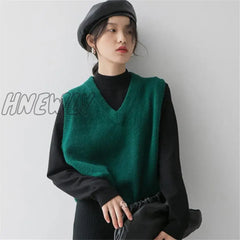 Hnewly New Vintage Retro Sleeveless Simple Design Femme Spring V-Neck Knitwear Basic Tops Sweater