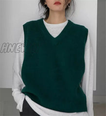 Hnewly New Vintage Retro Sleeveless Simple Design Femme Spring V-Neck Knitwear Basic Tops Sweater