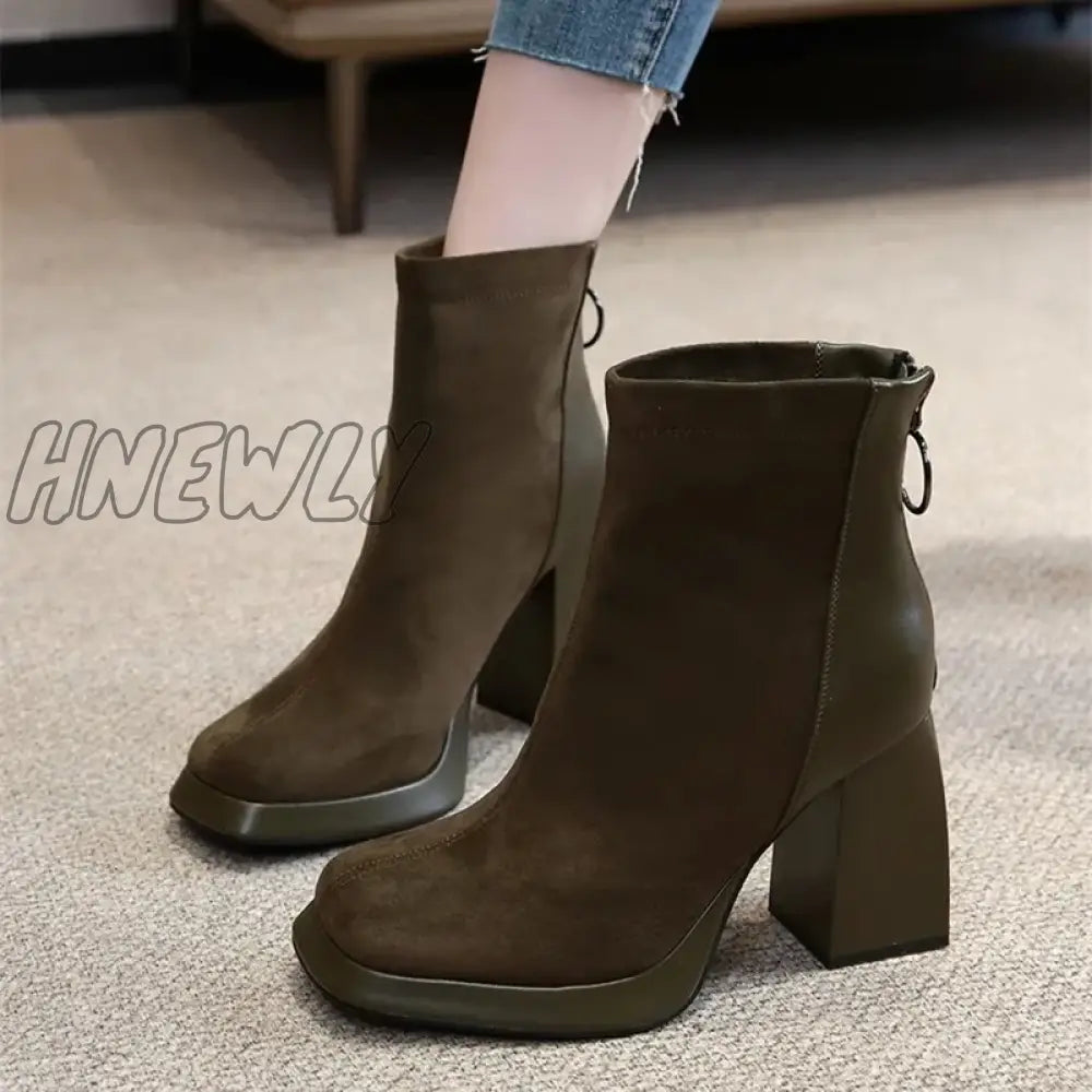 Hnewly New Winter Comfortable Mid-Calf Square Toe Zipper Thick Heel Solid Color Slip-On Warm