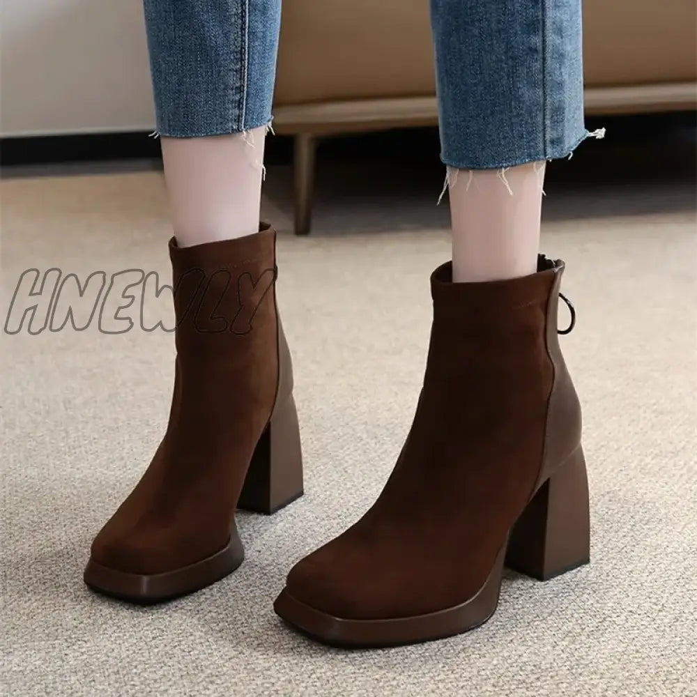 Hnewly New Winter Comfortable Mid-Calf Square Toe Zipper Thick Heel Solid Color Slip-On Warm
