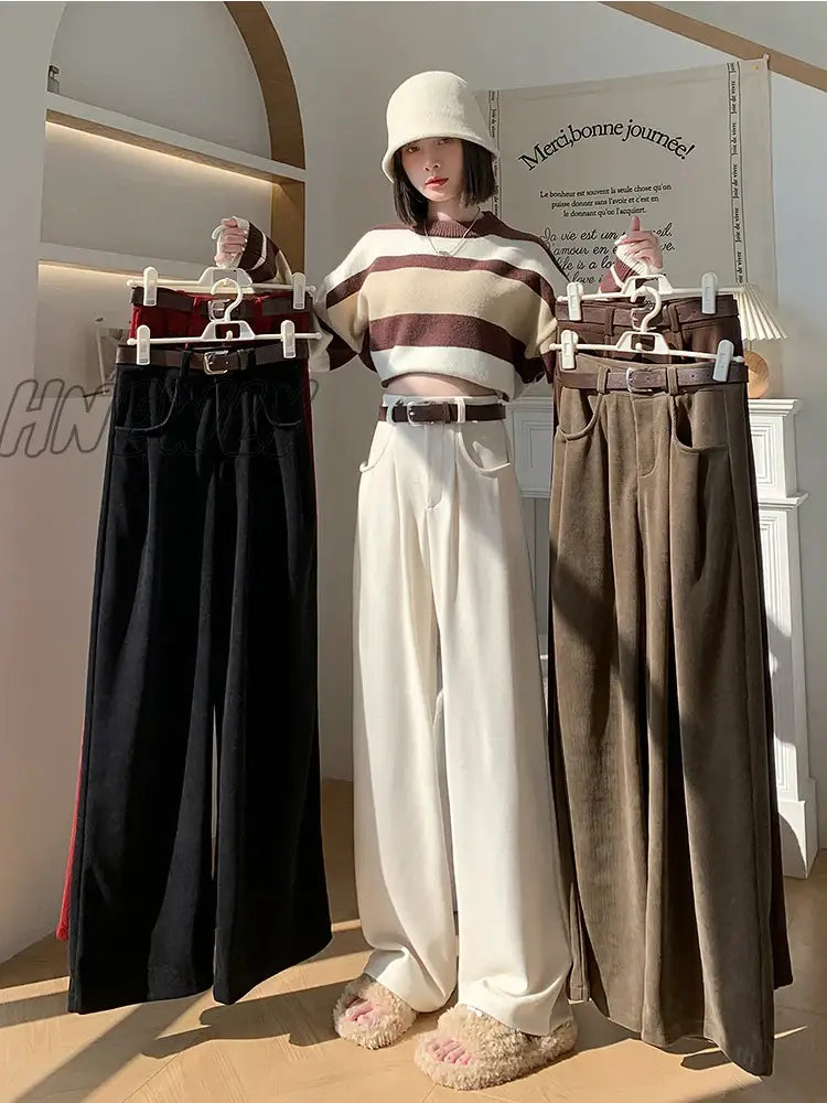 Hnewly New Winter Pants For Women Thicken Velvet High Waist Wide Leg Loose Corduroy Trousers