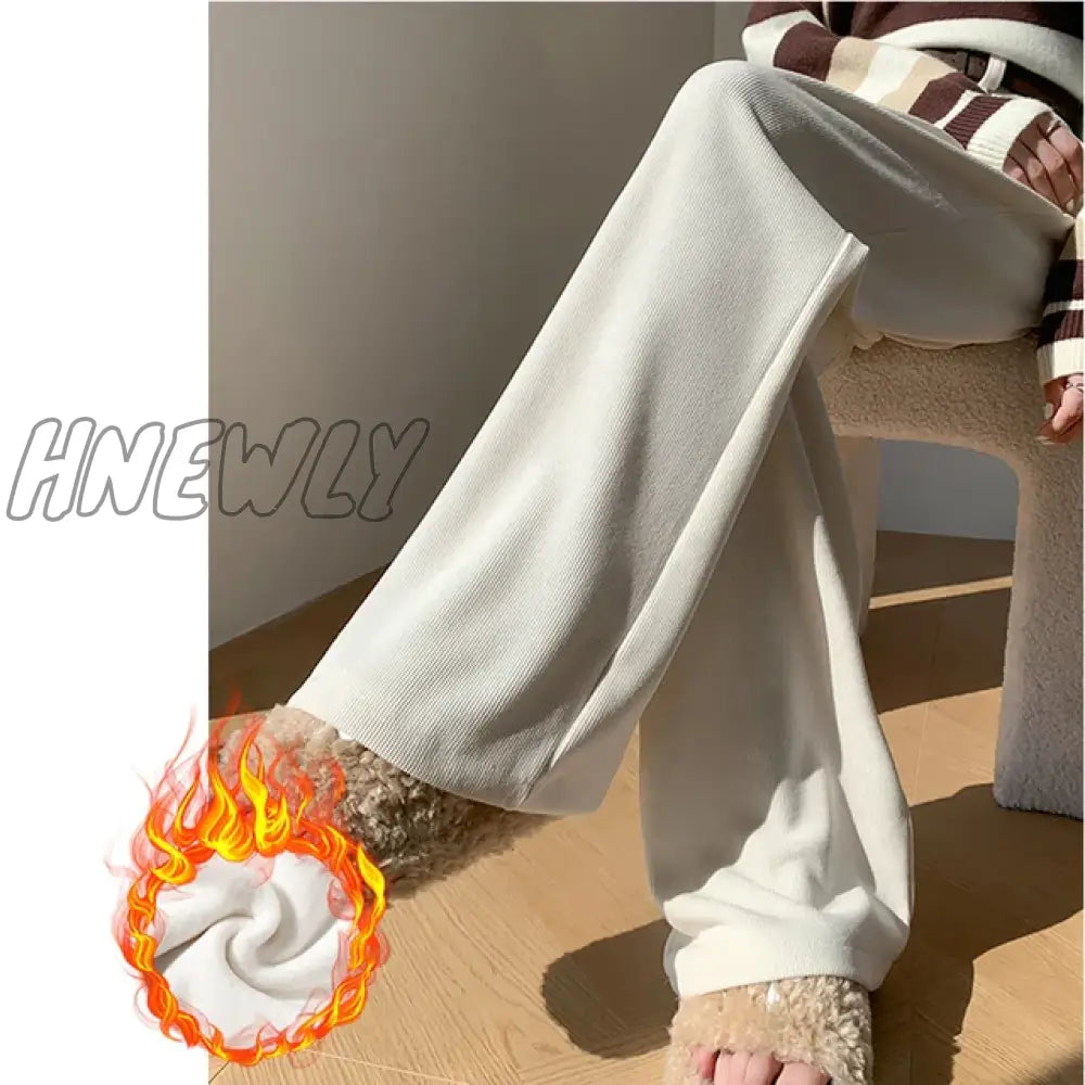 Hnewly New Winter Pants For Women Thicken Velvet High Waist Wide Leg Loose Corduroy Trousers