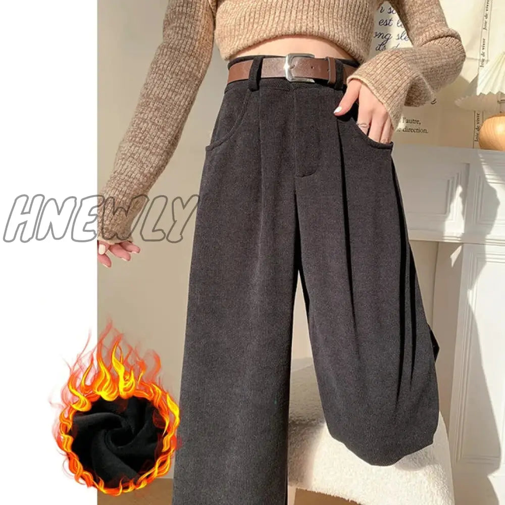 Hnewly New Winter Pants For Women Thicken Velvet High Waist Wide Leg Loose Corduroy Trousers