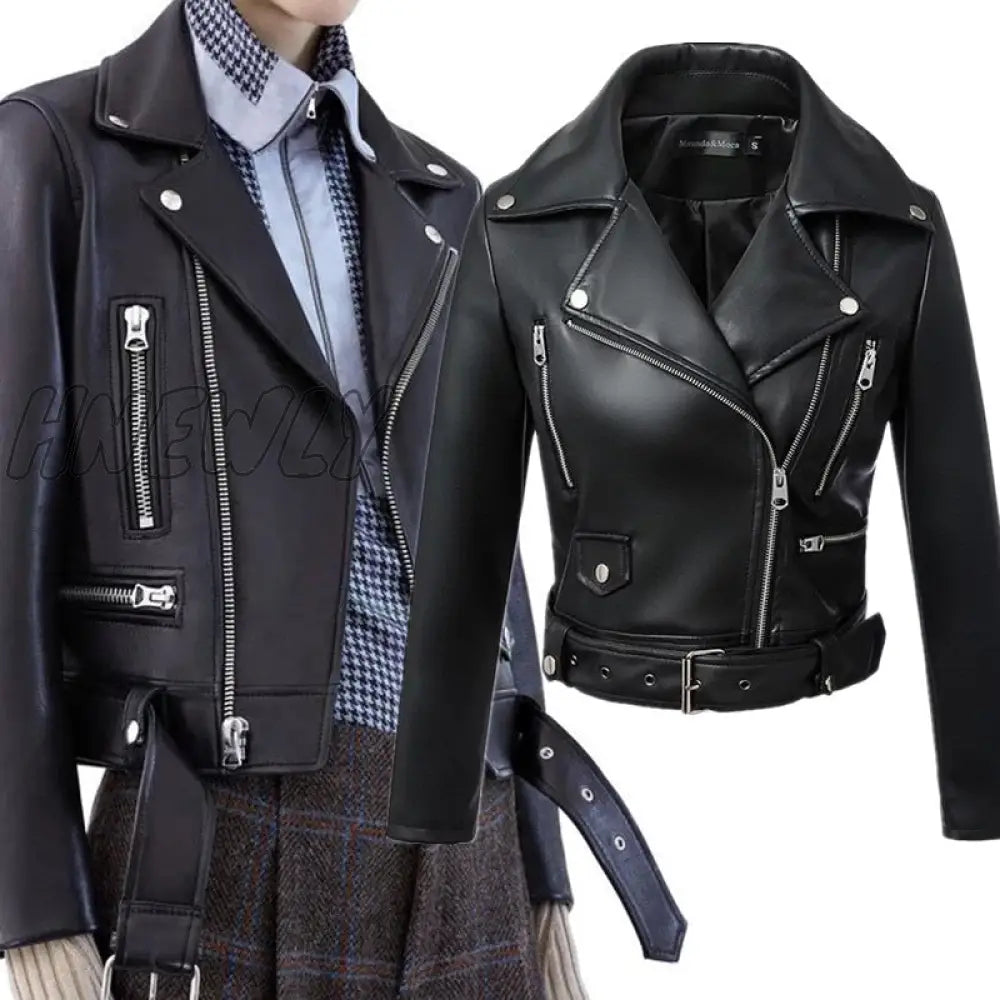 Hnewly New Women Autumn Winter Black Faux Leather Jackets Zipper Basic Coat Turn - Down Collar