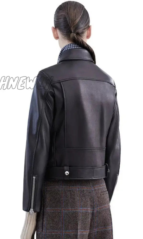 Hnewly New Women Autumn Winter Black Faux Leather Jackets Zipper Basic Coat Turn - Down Collar