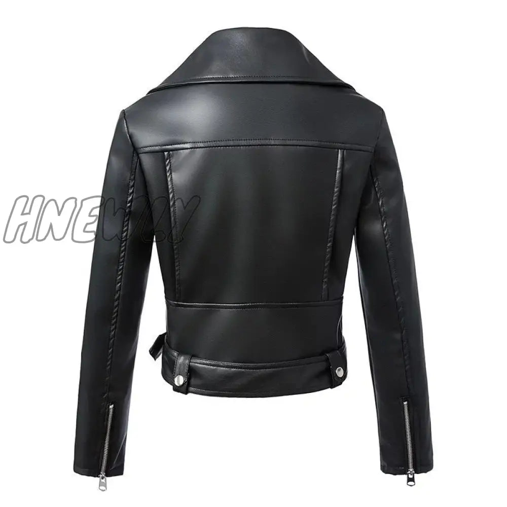 Hnewly New Women Autumn Winter Black Faux Leather Jackets Zipper Basic Coat Turn - Down Collar