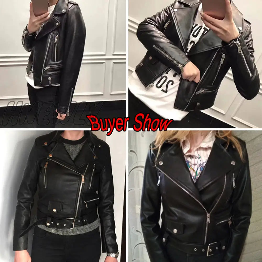 Hnewly New Women Autumn Winter Black Faux Leather Jackets Zipper Basic Coat Turn - Down Collar