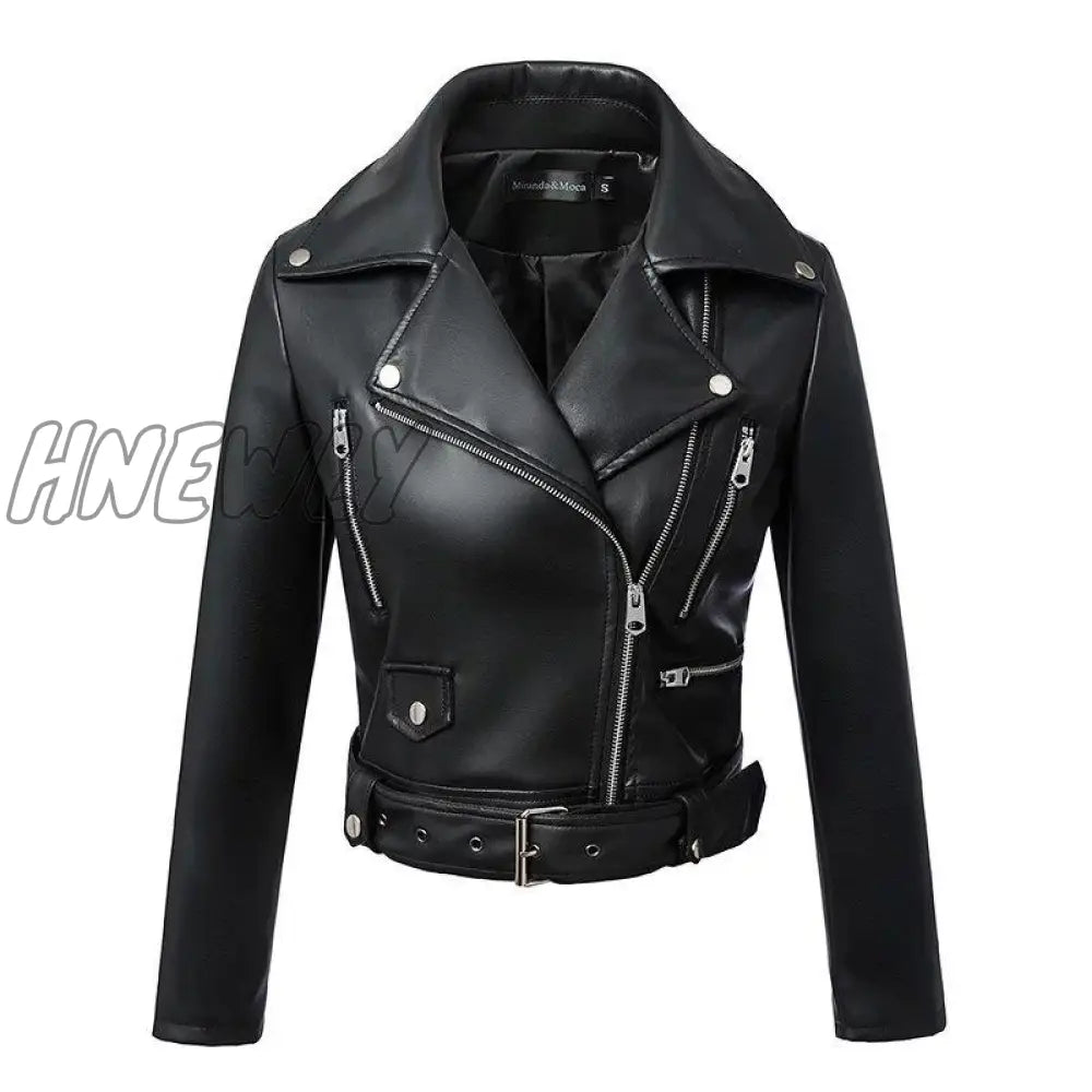 Hnewly New Women Autumn Winter Black Faux Leather Jackets Zipper Basic Coat Turn - Down Collar