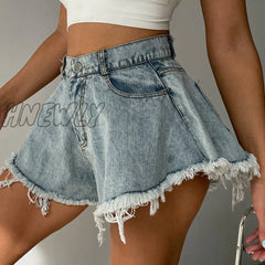 Hnewly New Women Denim Shorts With Holes And High Waist Loose Tassel Jeans S-Xxl Street Wear Trendy