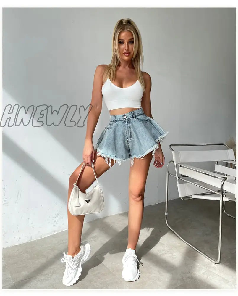 Hnewly New Women Denim Shorts With Holes And High Waist Loose Tassel Jeans S-Xxl Street Wear Trendy