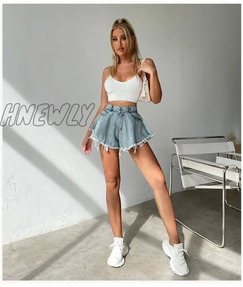 Hnewly New Women Denim Shorts With Holes And High Waist Loose Tassel Jeans S-Xxl Street Wear Trendy