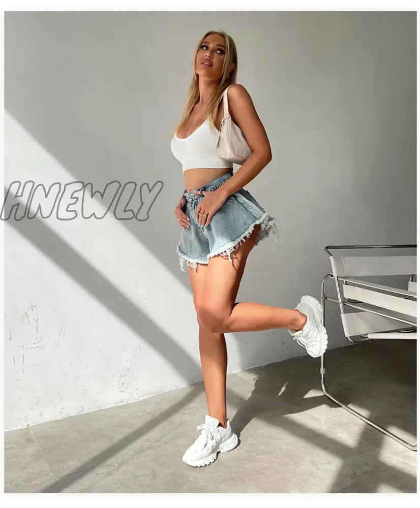 Hnewly New Women Denim Shorts With Holes And High Waist Loose Tassel Jeans S-Xxl Street Wear Trendy