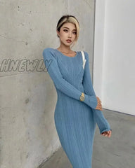 Hnewly New Women Long Sleeve O-Neck Knitted Dress Stretchable Slim 4 Colors Autumn Winter Round