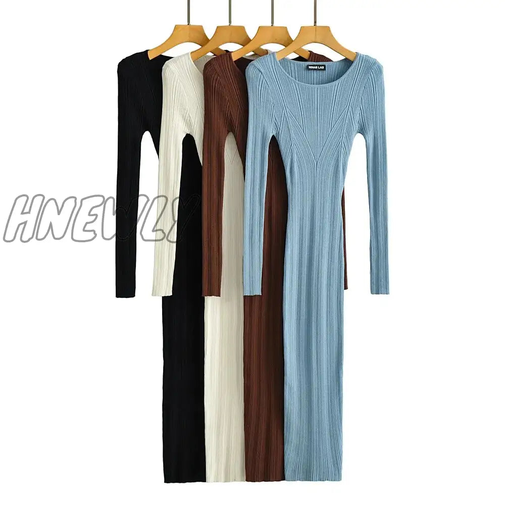 Hnewly New Women Long Sleeve O-Neck Knitted Dress Stretchable Slim 4 Colors Autumn Winter Round