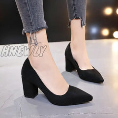 Hnewly New Women Pumps Flock Sweet Thick High Heels Female Sexy Office Pointed Toe Dress Work Pump