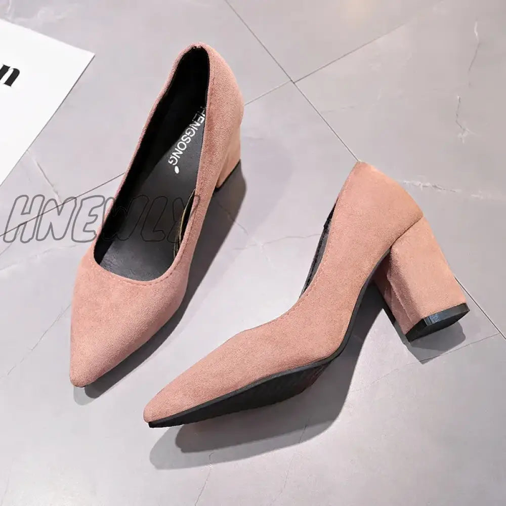 Hnewly New Women Pumps Flock Sweet Thick High Heels Female Sexy Office Pointed Toe Dress Work Pump