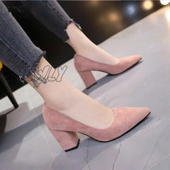 Hnewly New Women Pumps Flock Sweet Thick High Heels Female Sexy Office Pointed Toe Dress Work Pump