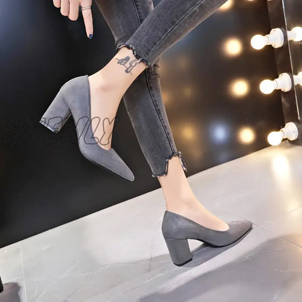 Hnewly New Women Pumps Flock Sweet Thick High Heels Female Sexy Office Pointed Toe Dress Work Pump