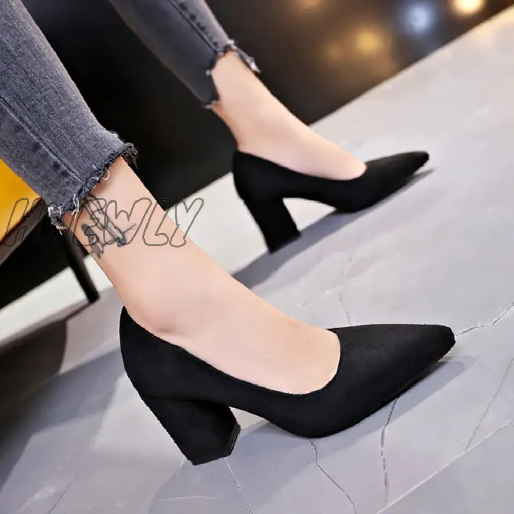 Hnewly New Women Pumps Flock Sweet Thick High Heels Female Sexy Office Pointed Toe Dress Work Pump