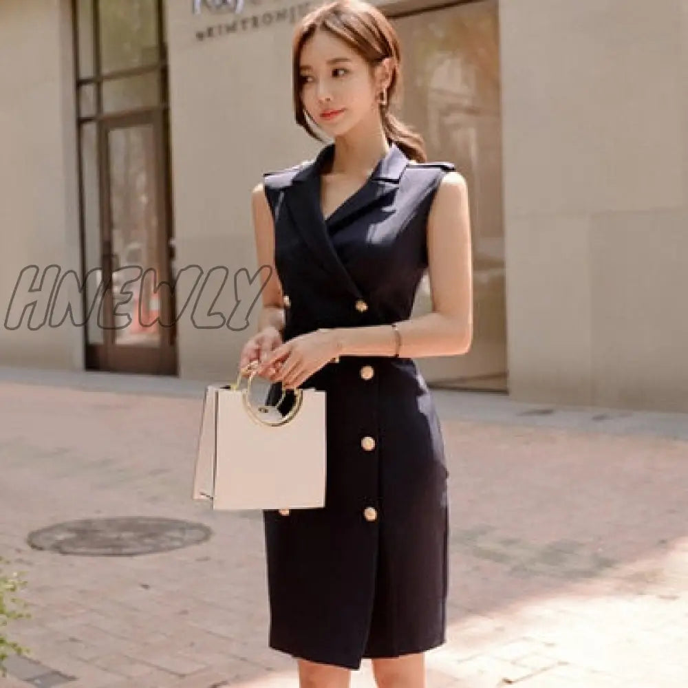 Hnewly New Women Solid Notched Double Breasted Sleeveless High Waist Bodycon Blazer Dress With Belt