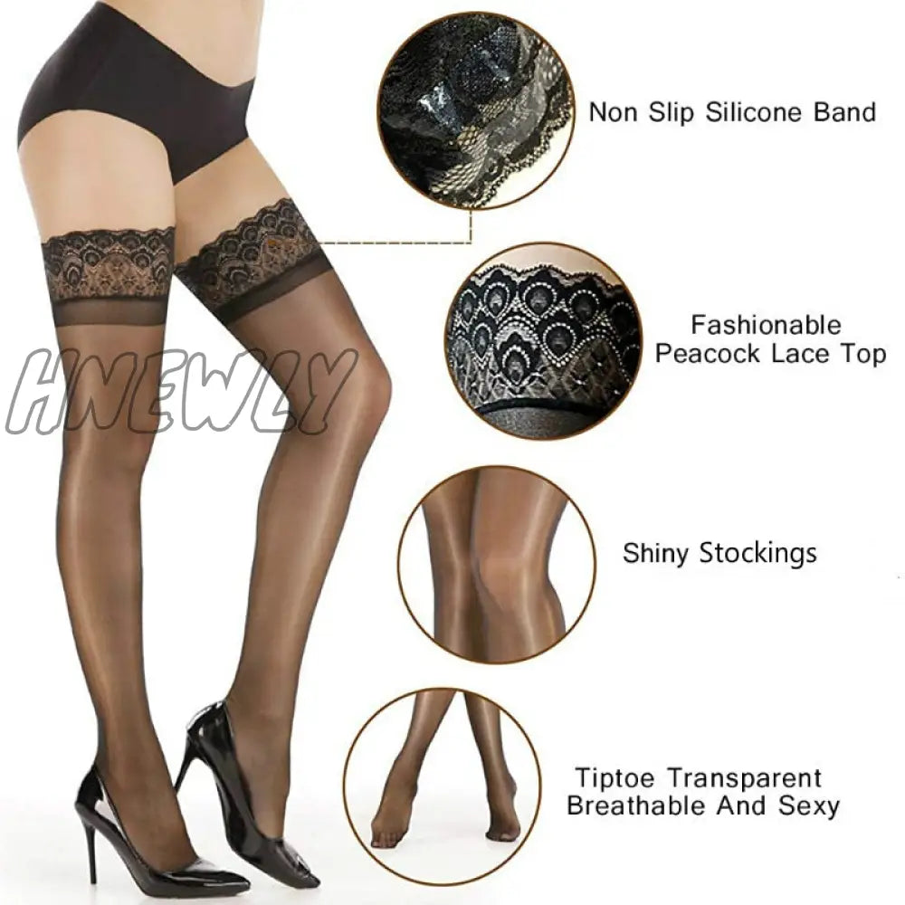 Hnewly Non Slip Silicone Stocking Women’s Fashionable Peacock Lace Top Shiny Stockings Tiptoe