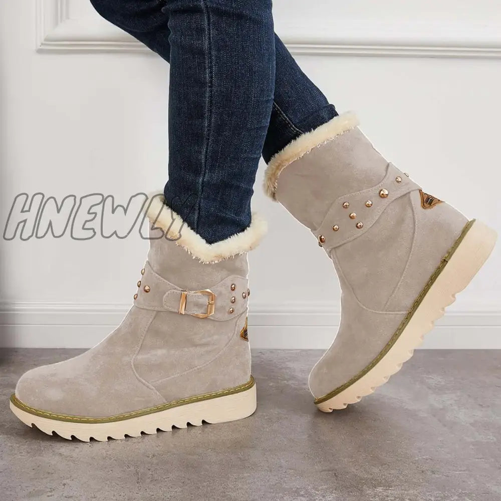 Hnewly Non Slip Snow Ankle Boots Warm Fur Lined On Booties Beige / 5