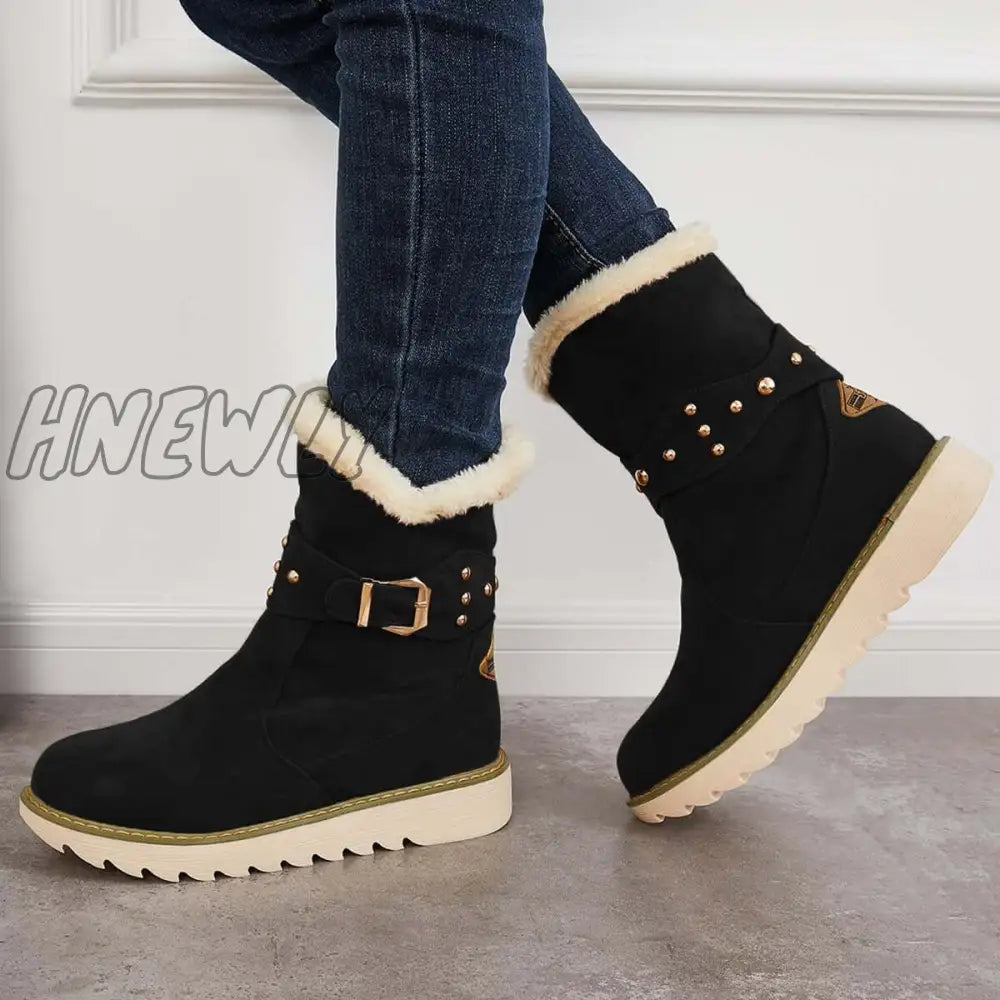 Hnewly Non Slip Snow Ankle Boots Warm Fur Lined On Booties Black / 5