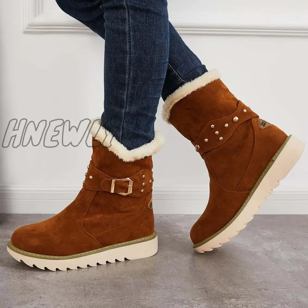 Hnewly Non Slip Snow Ankle Boots Warm Fur Lined On Booties Brown / 5