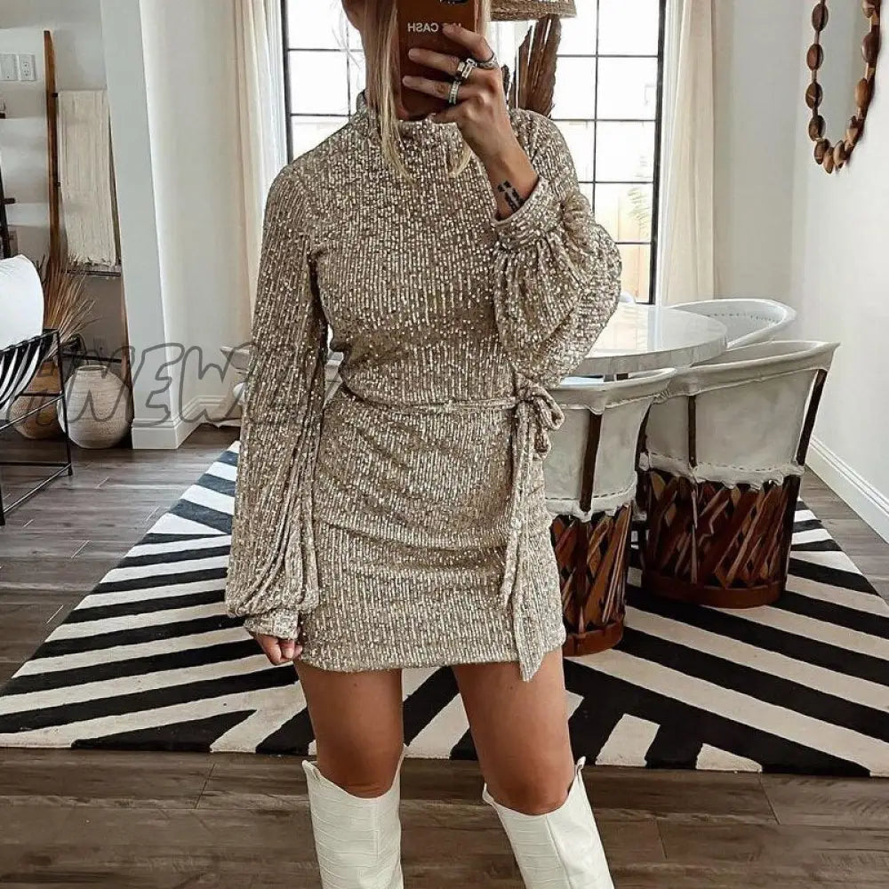 Hnewly Nye Outfits Autumn Winter Elegant Solid Sequin Party Dress Women Casual Long Sleeve A - Line