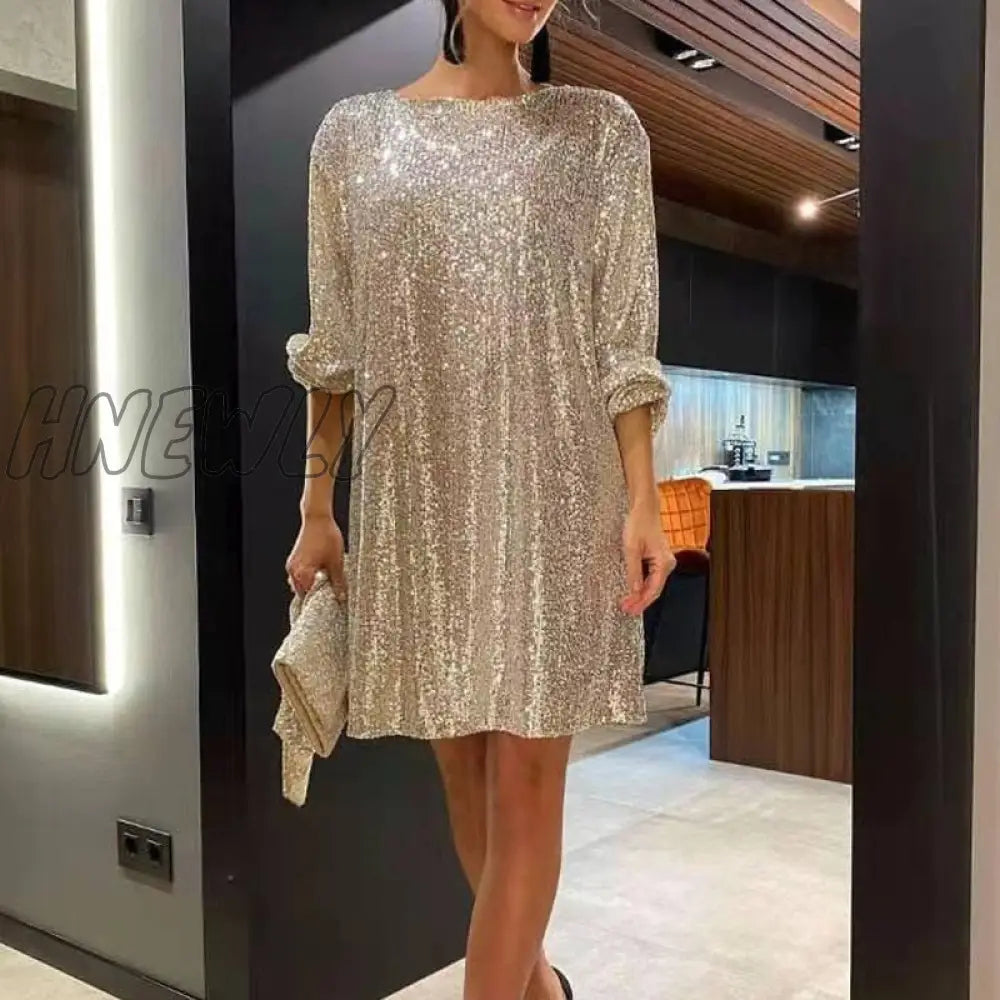 Hnewly Nye Outfits Autumn Winter Elegant Solid Sequin Party Dress Women Casual Long Sleeve A - Line