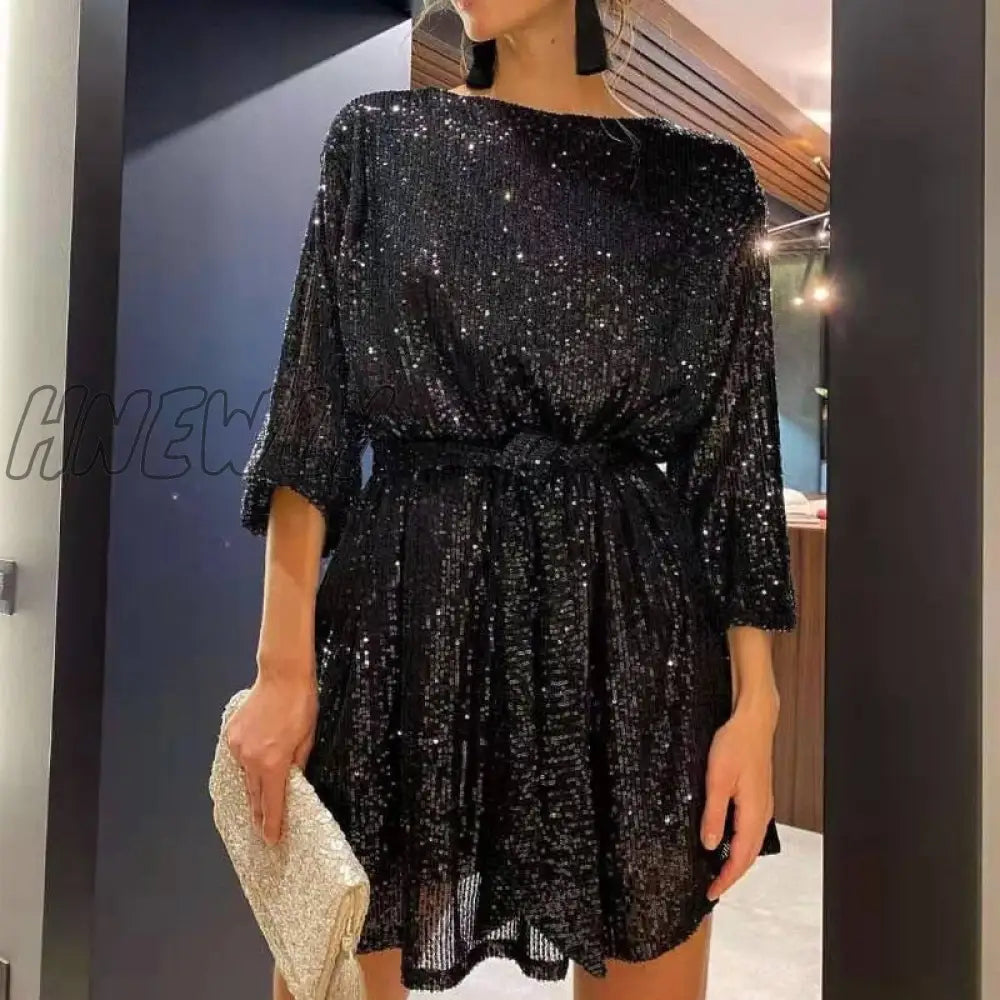 Hnewly Nye Outfits Autumn Winter Elegant Solid Sequin Party Dress Women Casual Long Sleeve A - Line