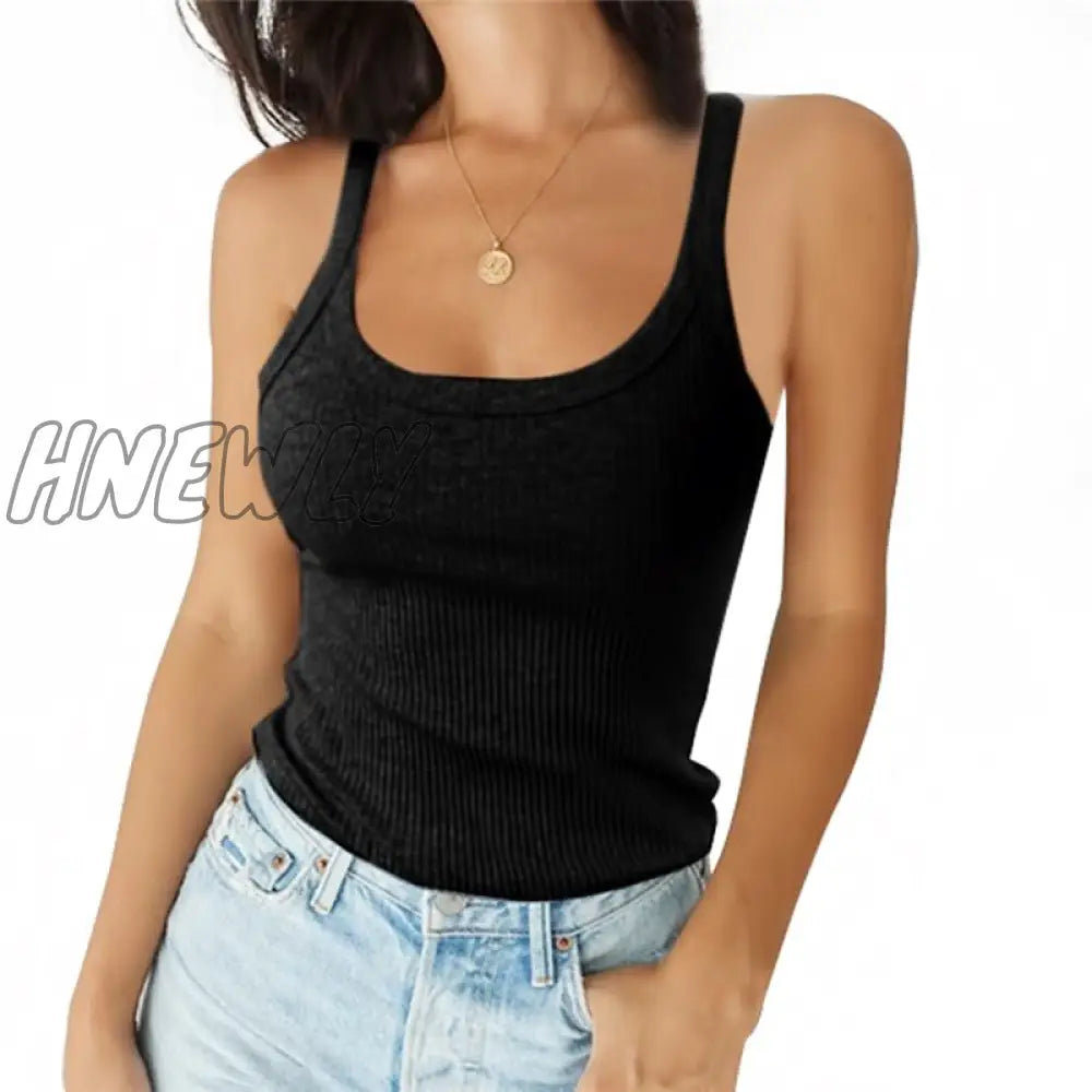 Hnewly O Neck Summer Knit Top Sleeveless Women Sexy Basic T Shirt White Off Shoulder Ribbed Black