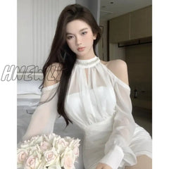 Hnewly Off Shoulder Long Sleeve Chiffon Dress Women Summer Elegant Waist Folds Slim Mini Dresses