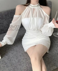 Hnewly Off Shoulder Long Sleeve Chiffon Dress Women Summer Elegant Waist Folds Slim Mini Dresses