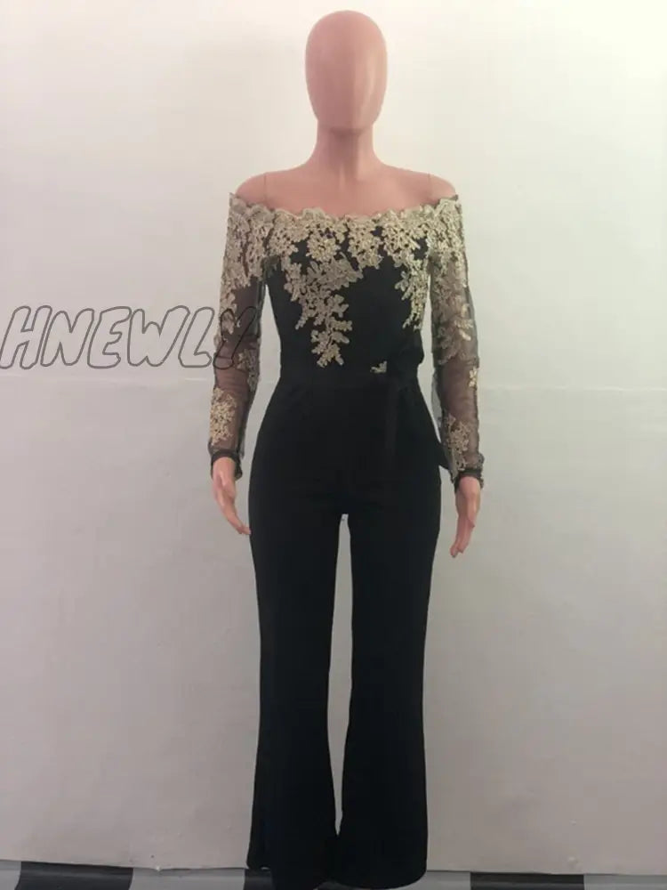 Hnewly Off Shoulder Sexy Lace Jumpsuit Summer Fashion Clothing Wide Leg Long Sleeve Elegant Bodycon