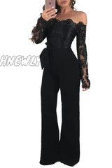 Hnewly Off Shoulder Sexy Lace Jumpsuit Summer Fashion Clothing Wide Leg Long Sleeve Elegant Bodycon