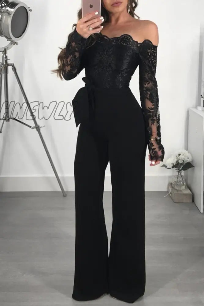 Hnewly Off Shoulder Sexy Lace Jumpsuit Summer Fashion Clothing Wide Leg Long Sleeve Elegant Bodycon