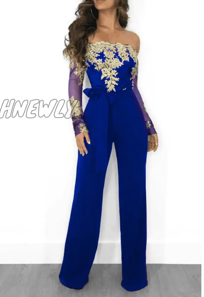 Hnewly Off Shoulder Sexy Lace Jumpsuit Summer Fashion Clothing Wide Leg Long Sleeve Elegant Bodycon