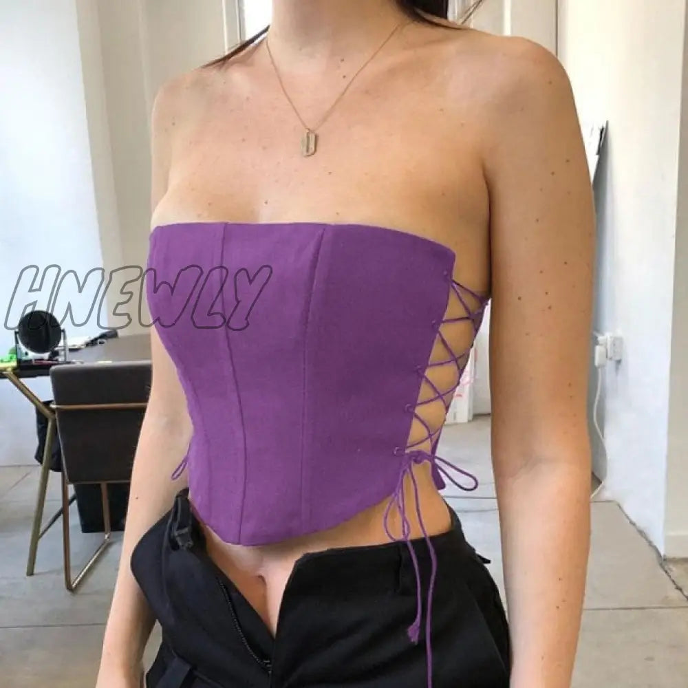 Hnewly Off Shoulder Strapless Lace Up Sexy Bustier Corset Crop Tops For Women Black Sleeveless Vest